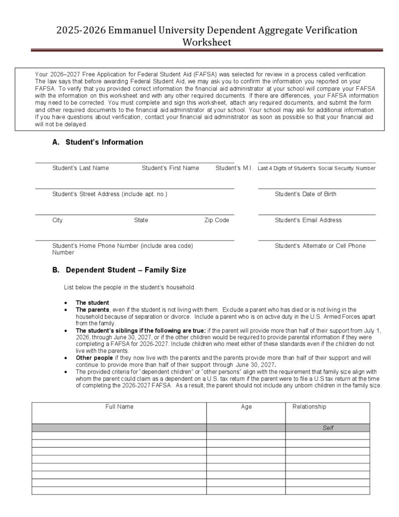 2026-2027 Aggregate Dependent Verification Worksheet