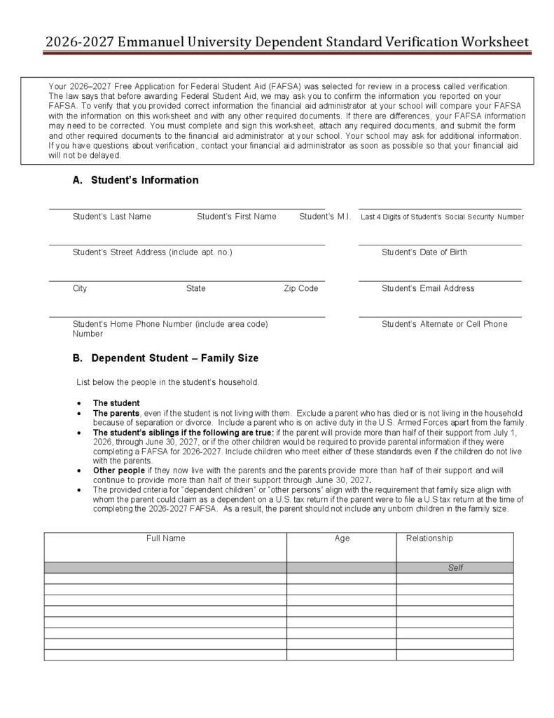 2026-2027 Dependent Standard Verification Worksheet