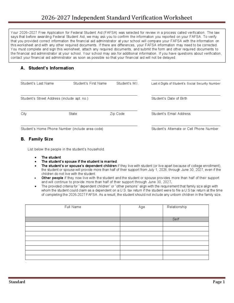 2026-2027 Independent Standard Verification Worksheet